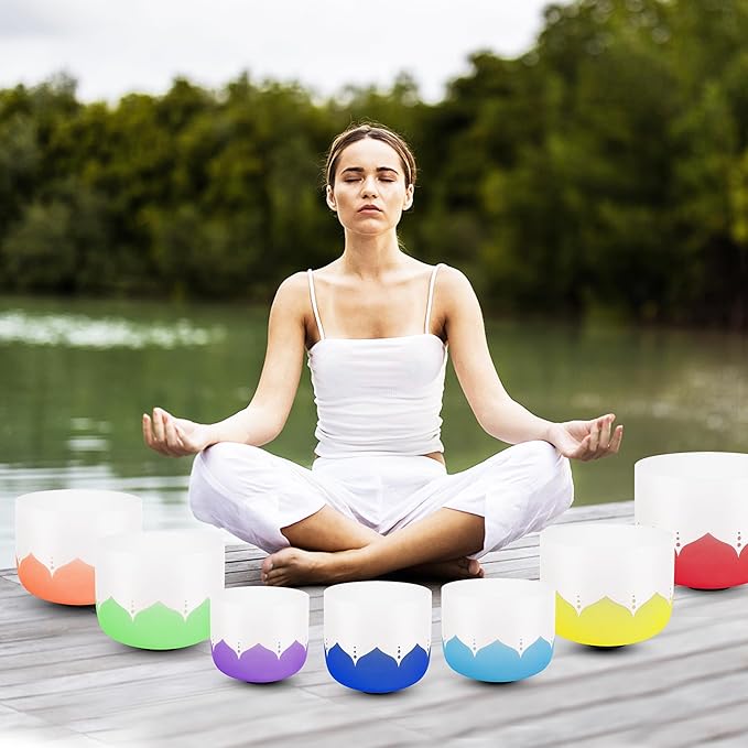 432hz Crystal Singing Bowl Healing 6-12inch Set of 7 Lotus for Meditation Yoga Heart Chakra Singing Bowls Heavy Duty Carrying Case Rubber Mallet Suede Striker - Bloomnest