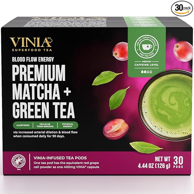 VINIA Premium Matcha + Green Tea K-Cup Pods, Made with Organic Tea, Infused with Piceid Resveratrol for Heart Health, Nitric Oxide, Physical Energy, Alertness, Blood Flow, Keto, Kosher, NON-GMO. 30 Ct - Bloomnest