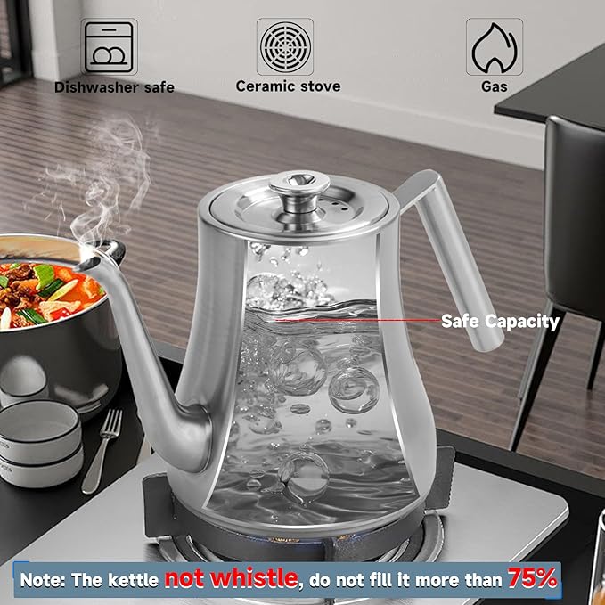 68OZ/2000ML Stainless Steel Teapot with Removable Infuser, Stovetop Safe Tea Maker Water Kettle for Loose Leaf & Tea Bags, Silver