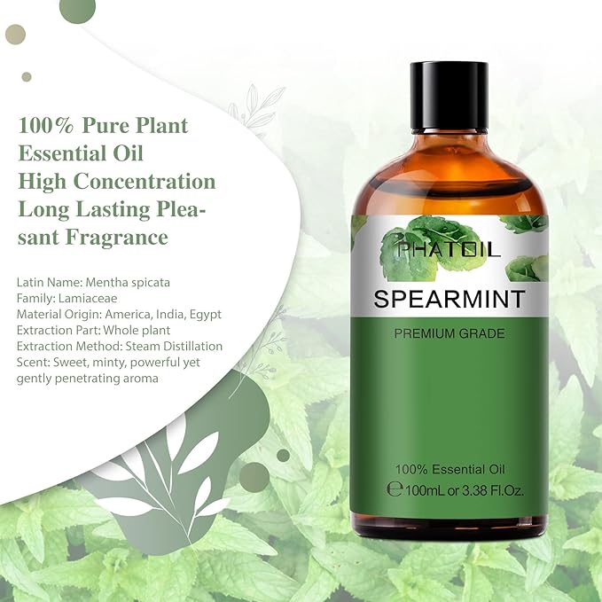 Spearmint 3.38fl.oz Essential Oil, PHATOIL Pure Aromatherapy Oils for Diffuser, Humidifier, Perfect for DIY Soap, Candle, Bath Bombs Making(100ml) PHATOIL
