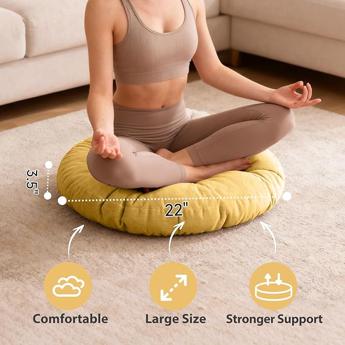 Tiita Floor Pillows Cushions Round Chair Cushion Outdoor Seat Pads for Sitting Meditation Yoga Living Room Sofa Balcony 22x22 Inch, Yellow