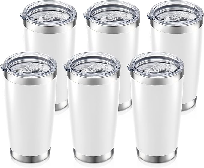 20 oz Tumbler Bulk with Lid Stainless Steel Insulated Tumblers Double Wall Vacuum Coffee Mug Powder Coated Tumbler Cups for Cold and Hot Drinks, White, 6 pack