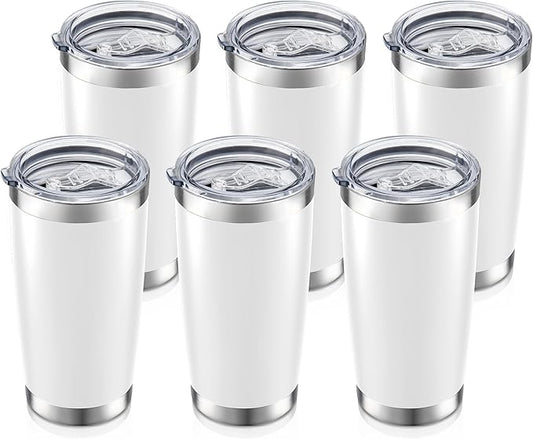 20 oz Tumbler Bulk with Lid Stainless Steel Insulated Tumblers Double Wall Vacuum Coffee Mug Powder Coated Tumbler Cups for Cold and Hot Drinks, White, 6 pack