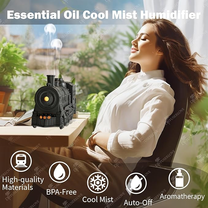 Diffuserlove Train Diffuser 300ML Essential Oil Diffuser Cool Mist Humidifier Aroma Diffuser with Night Light for Bedroom Desk Black - Bloomnest