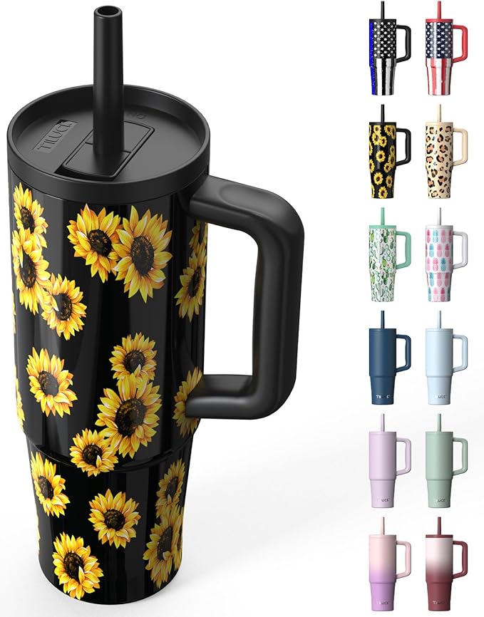 TILUCK 30 oz Tumbler with Handle, Vacuum Insulated Stainless Steel Travel Mug with 100% Leak-Proof Silicone Straw Lid, Cupholder Friendly Water Bottle(SunFlower, 30oz)