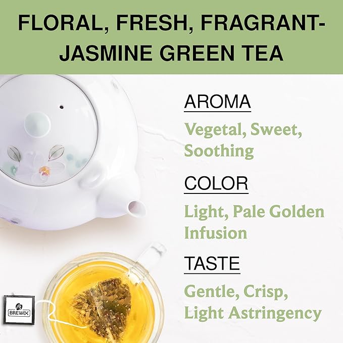 BREWIX, Jasmine Green Tea (25 Pyramid Tea Bags) | High Grown Green Tea from Himalayas with Jasmine | Caffeinated Tea Loose Leaf | High Elevation Grown - Bloomnest