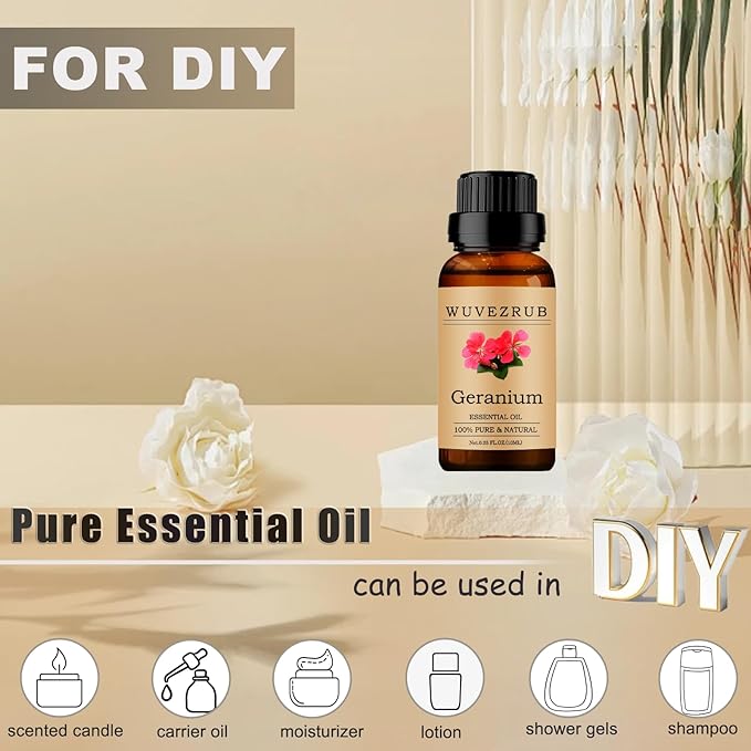 Geranium Essential Oil 10ML - 100% Pure and Natural for Aromatherapy Diffuser - 0.33 Fl Oz WUVEZRUB