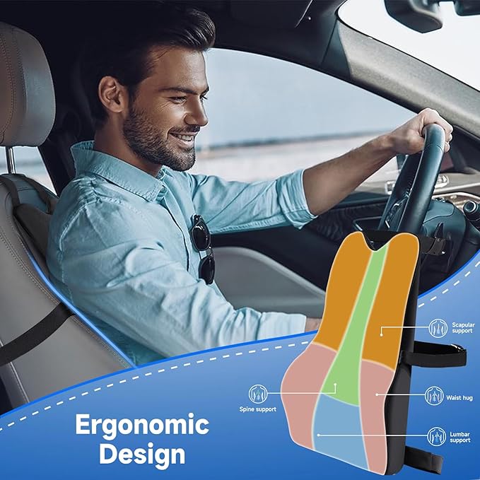 Lumbar Support Pillow for Car Improve Lower Back Pain Relief & Sitting Posture Back Support Memory Foam Back Cushion for Driving, Lumbar Comfort for Long Sitting, Truck with Three Adjustable Straps - Bloomnest