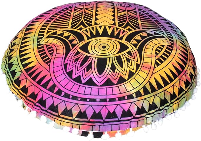 CRAFT KALA Boho Large Floor Pillow Pouf Cover Mandala Meditation Room Pillow Cover for Adults Round Bohemian Seating Pouf Cushion Cover for Kids Playroom 22" Multi Hamsa - Bloomnest