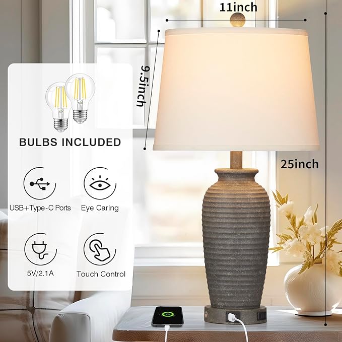 25" Farmhouse Jar Table Lamps Set of 2, 3 Way Touch Control Rustic Bedside Lamps with USB A+C Ports & AC Outlet, Pot Nightstand Lamps for Bedroom Living Room (LED Bulbs Included) - Bloomnest