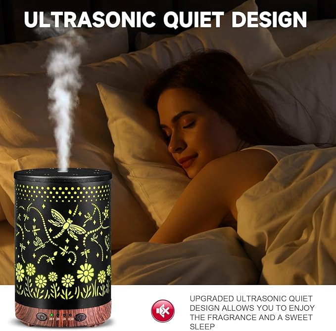 Essential Oil Diffuser 120ML Metal Aromatherapy Diffuser with Timer, Cool Mist Humidifier with Auto Shut-Off & 7 Color Lights for Home Office Spa (Dragonfly) - Bloomnest
