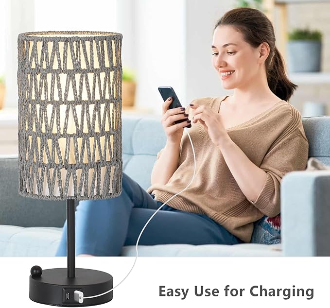 Touch Bedside Lamp For Bedroom with Bulb, Gray Boho Small Table Lamp For Living Room With Rattan & Linen Shade, 3 Way Dimmable Table Lamp For Nightstand With USB Charging Port & Phone Stand For Office - Bloomnest