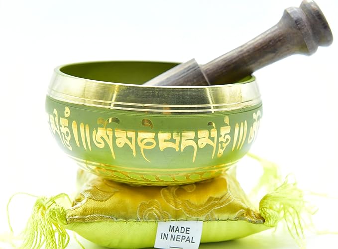 3.75" Tibetan Meditation Yoga Singing Bowl Yellow Set with free Wooden Mallet and Silk Cushion from Nepal, Singing bowls. - Bloomnest