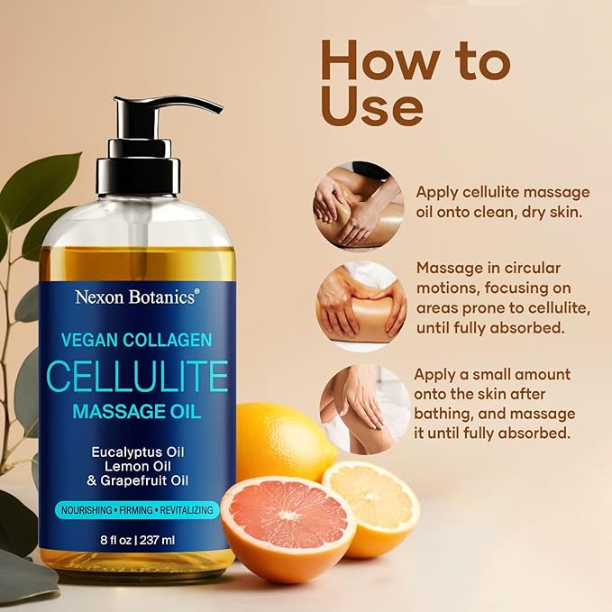 Anti-Cellulite Massage Oil for Massage Therapy 8 fl oz - Refreshing and Relaxing - Natural Oils with Vegan Collagen and Stem Cells - for Men and Women - Nexon Botanics - Bloomnest