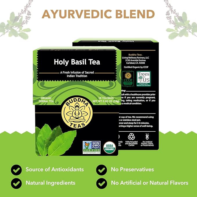 Buddha Teas - Holy Basil - Organic Herbal Tea - For Cognitive Balance & Overall Health - Ayurvedic Tulsi - With Antioxidants - Caffeine Free - 100% Kosher & Non-GMO - 18 Tea Bags (Pack of 1) - Bloomnest