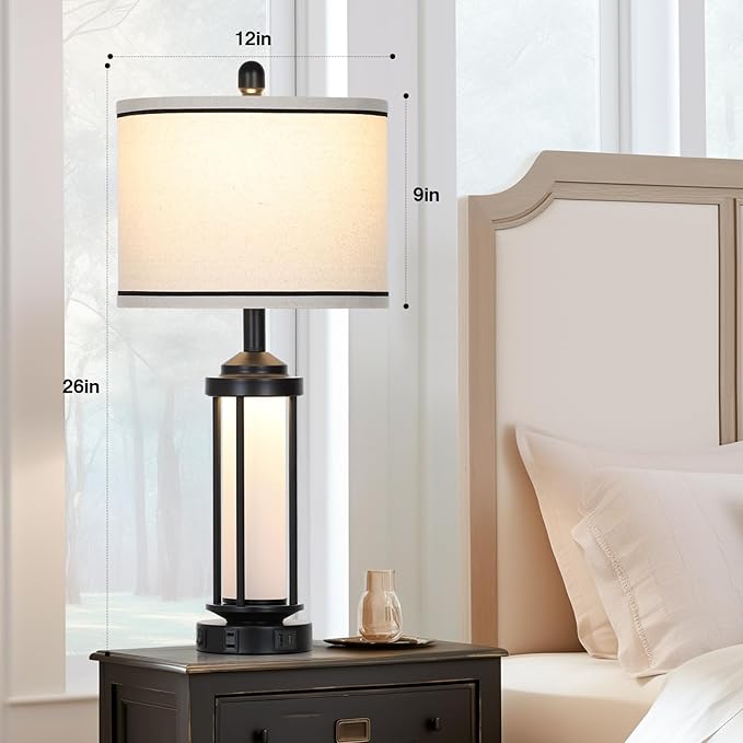 Table Lamps for Living Room Set of 2, Black Farmhouse Rustic Industrial Table Lamp with USB A+C Charging Ports & AC Outlet, 27" Modern Table Lamps with LED Night Light & Linen Fabric Lampshade - Bloomnest