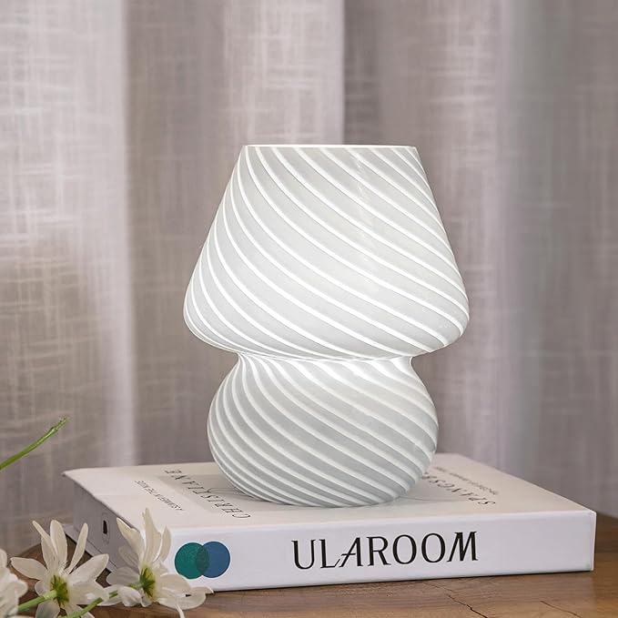USB Plug-in Mushroom Lamp Small Bedside Table Lamp with 3 Temperature LED Bulb,Free Dimming Nights Light for Bedroom/Living Room/Entryway/Corner Decor (Stripe White) - Bloomnest