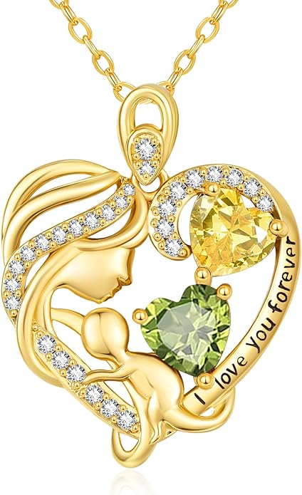 14K Gold Double Birthstone Heart Necklace for Women Mom, Mother Son/Daughter Pendant Necklace for Christmas Mother's Day Birthday Gifts for Wife Daughter Grandmom - Bloomnest