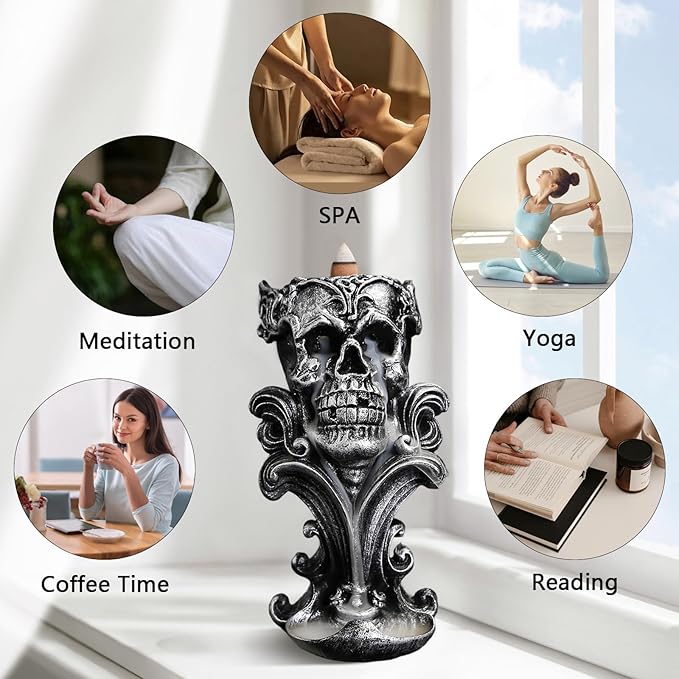 Comeon Backflow Incense Holder Burner Resin Skull Incense Burner Waterfall Incense Burner Home Decor + 20 Backflow Incense Cones + 30 Incense Sticks +1 Tweezer +1 Mat（Metallic Silver） - Bloomnest