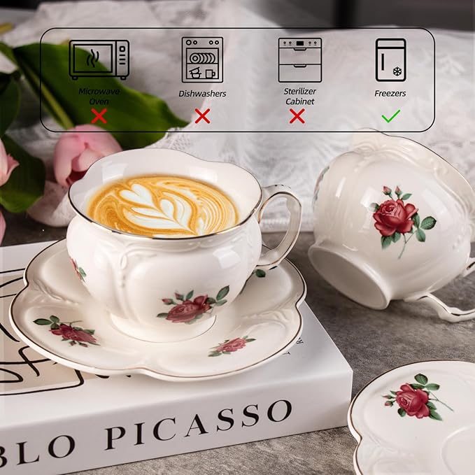 KAMMAK Tea Cups and Saucers Set of 2, Porcelain Coffee Cups, 6.8-Ounce Stackable Espresso Mugs, Ceramic Demitasse for Coffee, Latte, Americano, Tea, Baroque Rose - Bloomnest