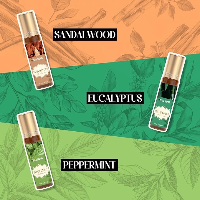 SALKING Essential Oils Roll On Set (6 Pack), Aromatherapy Oil with Roller Ball for Skin Use, Natural Fragrance Gift for Women and Men - Sandalwood, Eucalyptus, Peppermint, Lavender, Rose, Gardenia - Bloomnest