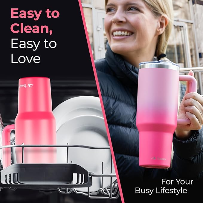 40 oz Tumbler With Handle and Straw Made of Stainless Steel - Double Wall Vacuum Insulated Tumbler With Lid - Sweat Proof Easy Grip, BPA-Free, Dishwasher Safe Tumbler (Misty Pink) - Bloomnest