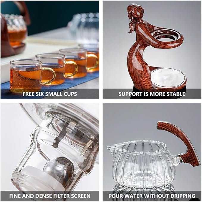 Lazy Kungfu Drip TeaPot, Heat Resistant Tea Set, Semi-Automatic Glass Teapot Suit for Magnetic Water Flow Wooden Glass Teapot Set with Cups (Red Maiden)