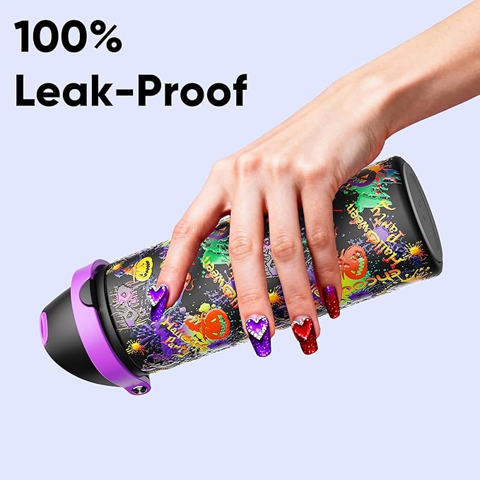 Insulated Water Bottle with Straw - Encool Stainless Steel Water Bottle with Push Button Lid, Leak-Proof & BPA-Free, Keeps Cold for 24 Hours for Sports, Travel, Gym (24 oz, Ghost Party) ENCOOL
