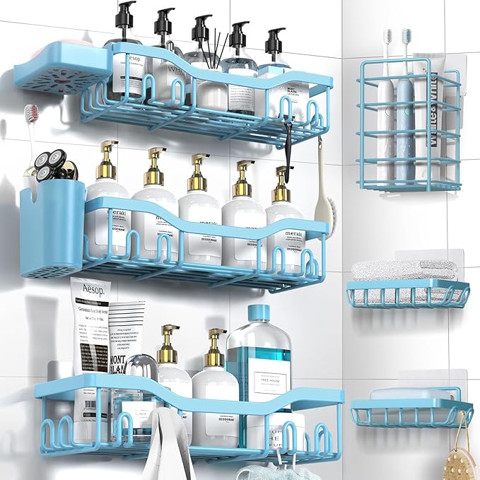 Shower Caddy Adhesive Shower Organizer 8-Pack, Rustproof Stainless Steel Bathroom Shelves, Large Capacity No-Drill Rack Storage Accessories with Soap Dish Toothbrush Holder Hooks - Bloomnest