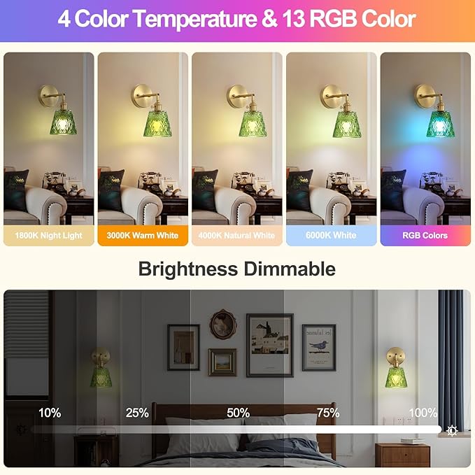 2 Pack Vintage Battery Operated Wall Sconces, Flower Green Lampshade & 180 Degree Adjustable, Wireless Rechargeable RGB Wall Light with Remote Control, for Bedroom Living Room Hallway Aisle - Bloomnest