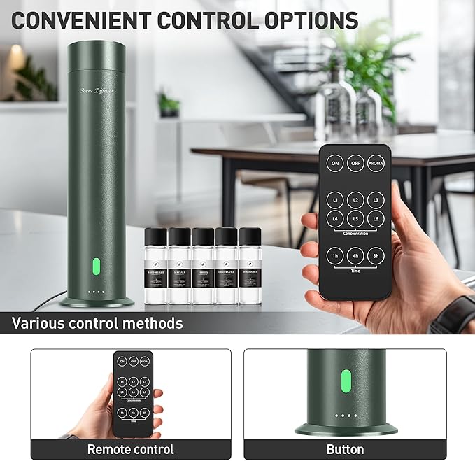 Waterless Scent Diffuser Starter Kit - 1000 Sq Ft Coverage, Hotel Scent Diffuser, Essential Oil Diffuser Large Room, Included 5 Scent Oils, Remote Control, SandGreen - Bloomnest