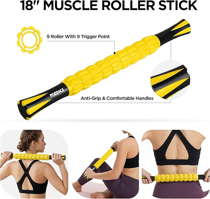 Muscle Roller & Massage Roller Stick for Athletes - Lymphatic Drainage Support, Relieves Muscle Soreness, Cramping & Tightness - Targets Legs, Arms, Back & Calves （Yellow） - Bloomnest