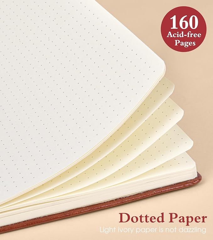 Dotted Journal Notebook for Women Men, 160 Pages Dot Grid Journals for Writing, A5 Hardcover Vintage Leather Bullet Journaling Notebooks for School, Work, Travel, Note Taking 5.8"x8.5"(Brown) - Bloomnest