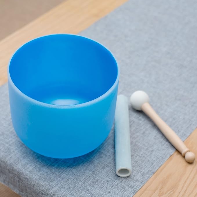 Leize Crystal Singing Bowl 432hz G Note Throat Chakra Blue 8" with Suede Striker - Bloomnest