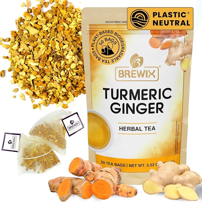 BREWIX, Turmeric Ginger Herbal Tea Bags (50 Pyramid Tea Bags) Caffeine-Free Ayurvedic Blend for Daily Wellness & Immune Balance | Daily Wellness Ritual | Gluten Free | Real Ingredients From India - Bloomnest