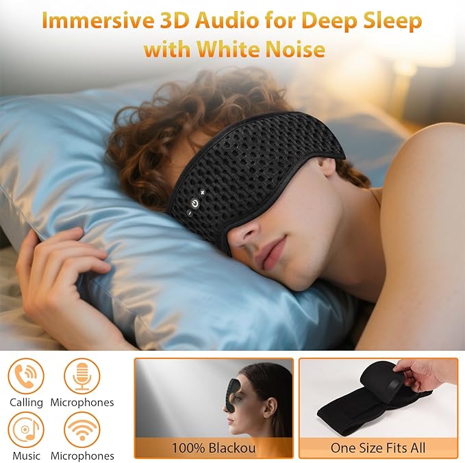 Bluetooth Sleep Mask HF016 Sleep Headphones with Detachable & Washable 3D Contoured Eye Mask, Integrated Adjustable Hook-and-Loop Eye Masks for Sleep, Perfect for Men/Women/Teens Sleep Gifts - Bloomnest