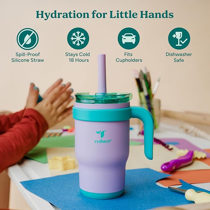 REDUCE 14 Oz Coldee Kids Tumbler with Lid and Straw - Coldee Insulated Travel Mug - Spill-Proof, Sweatproof Stainless Steel, BPA-Free - Includes Handle, Reusable Silicone Straw - Pink Lemonade - Bloomnest