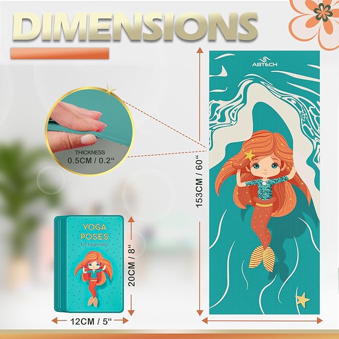 Kids Yoga Mat Set for Boys & Girls - Doll, Unicorn, Mermaid, Panda, Dinosaur and UnderWater - Chemical Free - Non-Toxic - Non-Slip - 60 X 24 X 0.2 Inches - w/ 12 Yoga Cards - Cute Carrier Bag - Ages 3-12 - Bloomnest