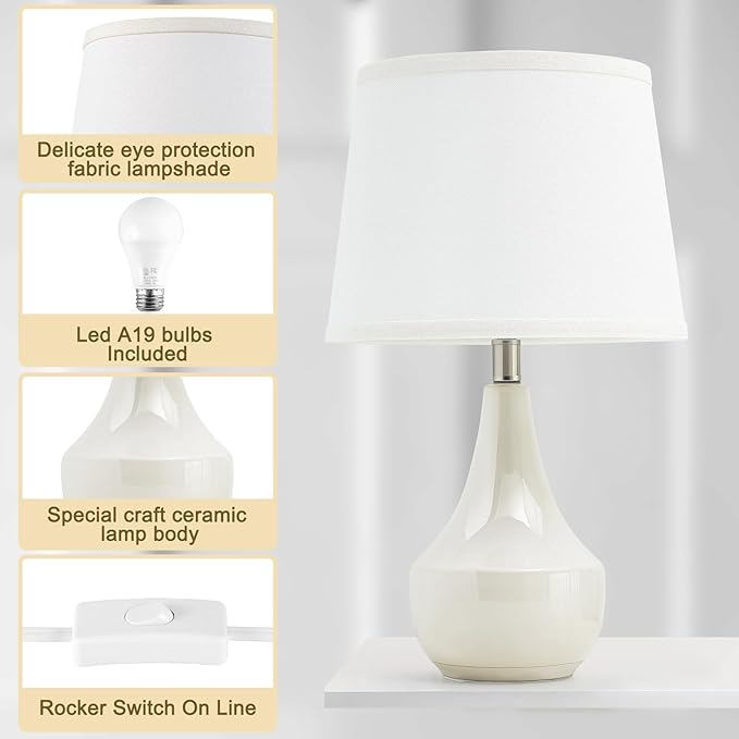 GyroVu Table Lamp Set of 2, 18.63” Ceramic Table Lamp Classic Beside Lamps Nightstand Lamp Modern Lamp for Living Room, Bedroom & Office Rocker Swtich Cream-LED Bulbs Included - Bloomnest