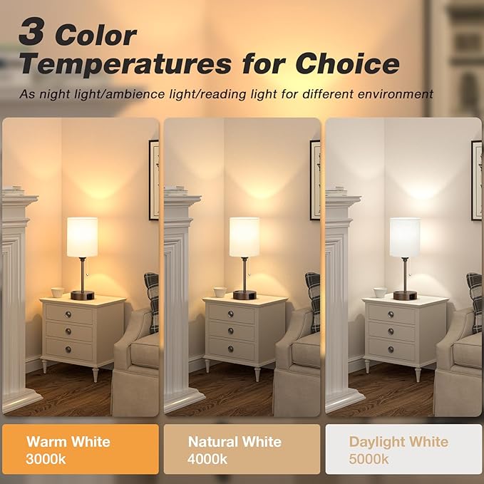 Dicoool Small Bedside Table lamp for Bedroom - 3 Color Temperatures Brown Bedside Lamps with USB C and A Ports, Pull Chain Table Lamps with AC Outlet, Black Nightstand Lamps for Kids Reading Study - Bloomnest