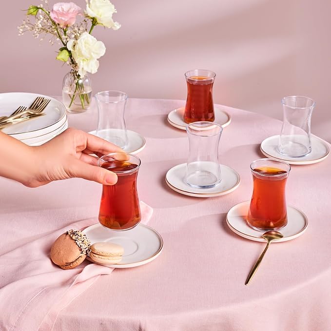 KARACA Streamline Meridian 12-Piece Turkish Tea Cups for 6 People, 5.75 fl oz Turkish Tea Glasses Set, Durable Glass with Gold Detailing & White Color Saucers - Bloomnest