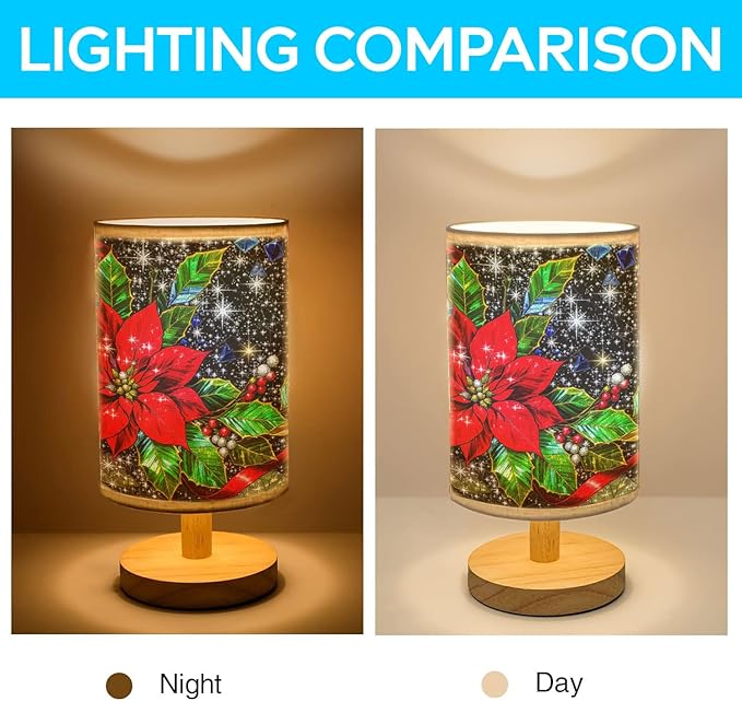 Holly Table Lamp LED 3-Color Pressed Bedside for Merry Christmas, Holly Shade Christmas Table Lamp with Wood Base for Bedroom Living Room Desk Office - Bloomnest