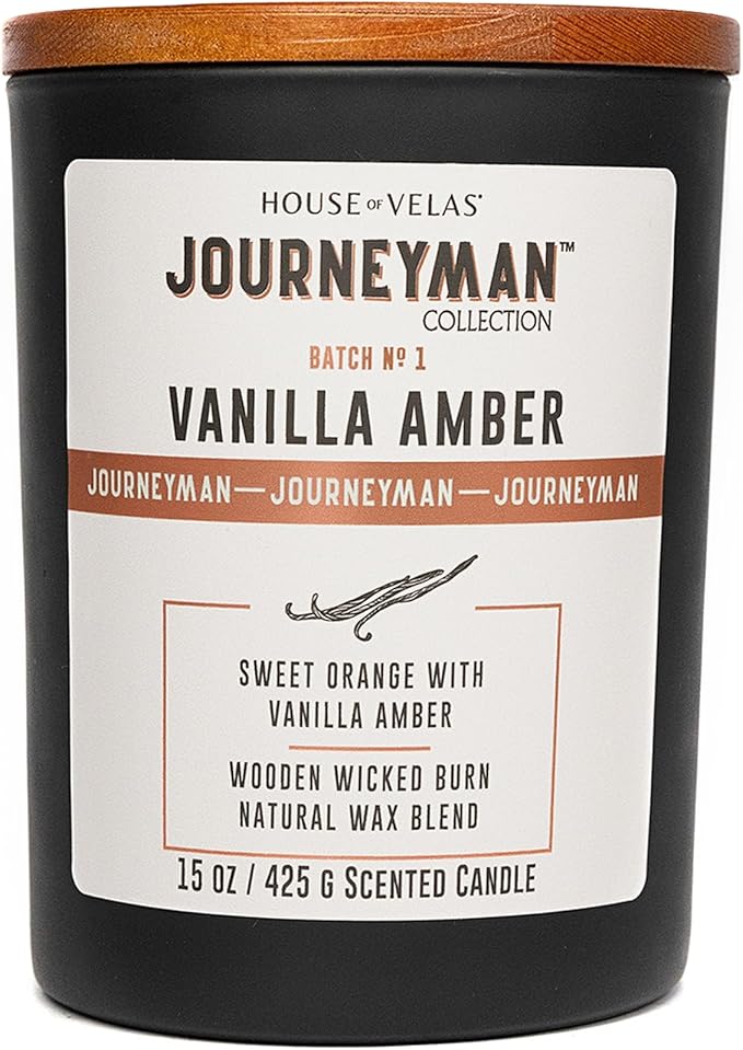 Journeyman Collection Candle, 15oz, Wooden Wick, Vanilla Amber, Large Painted Jar - Bloomnest