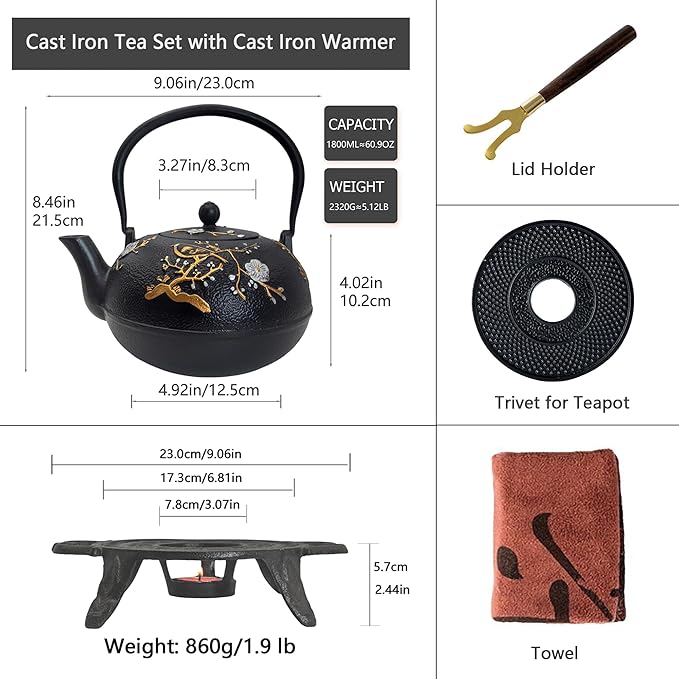 Cast Iron Tea Set with Cast Iron Warmer, Japanese Tetsubin 60.9oz Large Teapot Set with Infuser for Loose Tea, Heavy Tea Kettle for Stovetop Safe, Asian Elegant Durable Teaset Gift - Bloomnest