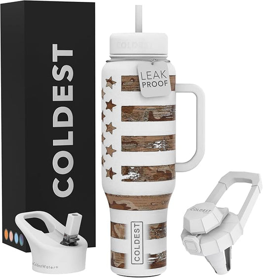 Coldest Tumbler with Handle and Straw - 100% Leak Proof Insulated Tumbler with Lid and Straw (3 Lids) - Stainless Steel Tumblers for Women & Men - Cup Holder Friendly Base, 46 oz (The Patriot) - Bloomnest