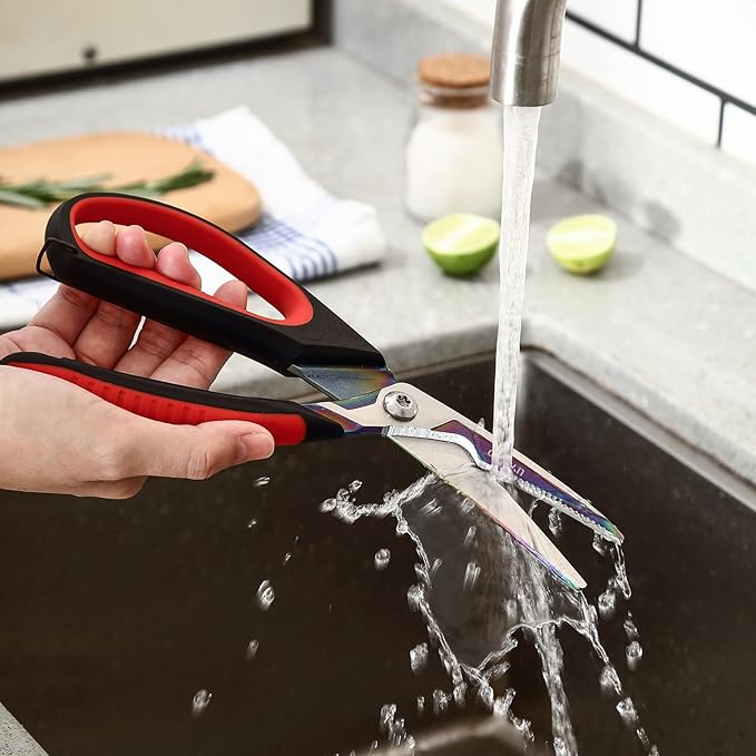 LIVINGO Heavy Duty Kitchen Scissors - Titanium Coated Sharp Poultry Shears Multipurpose for Cutting Chicken Bones, Meat, Vegetable Food, 9.5 Inches Comfortable Grip with Safe Lock - Bloomnest