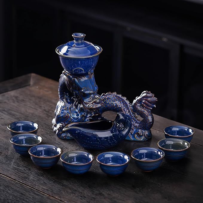Semi Automatic Tea Set Ceramic Teapot with Infuser Magic Teapot with 8 cups Gradient Color (Dark Blue Dragon-C) - Bloomnest