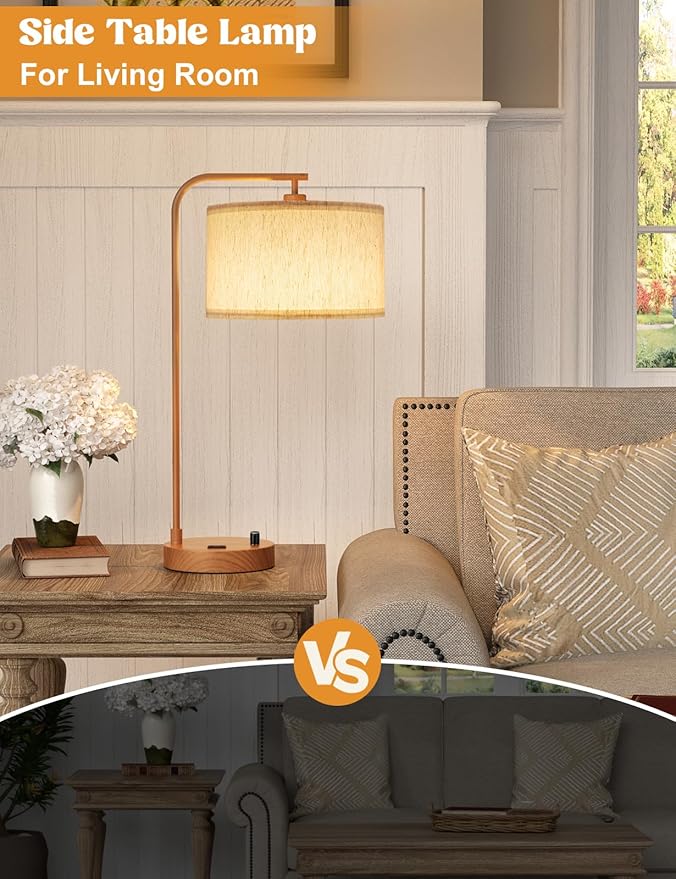 Innqoo Wood Tall Table Lamp with USB Port and Outlet, Dimmable Nightstand Bedside Lamps with Linen Lampshade, Desk Lamp for Bedroom, Living Room, Guest Room, Home Office, LED Bulb Included - Bloomnest