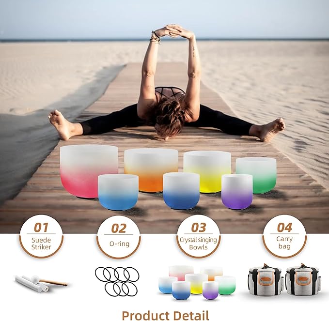 Ryan Dvan 432Hz 7"-12" Set of 7 Crystal Singing Bowl Set – Gradient Color Quartz Bowls for Chakra Healing, Meditation, Sound Bath & Yoga.Sound Therapy Tools with Suede Mallets & O-Rings. - Bloomnest