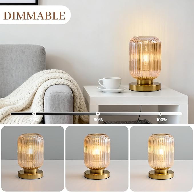 Mid Century Modern Table Lamp: Vintage Amber Ribbed Glass Globe Dimmable Plug in Small Bedside Lamps - Cute Brass Gold Side Table Lamp Nightstand Light for Bedroom Entryway Office Desk Living Room - Bloomnest